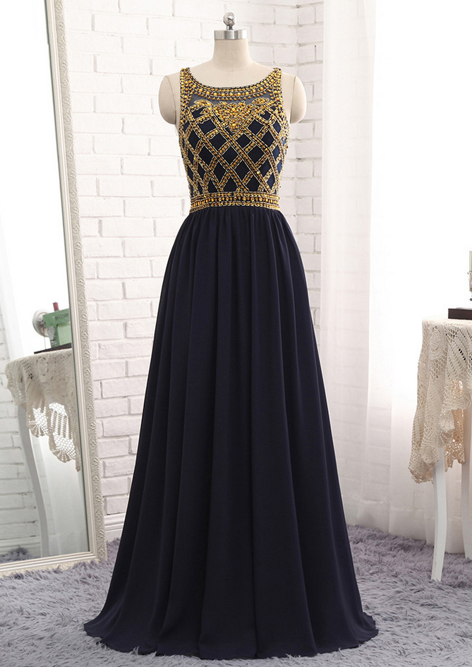 Long A-line Navy Blue Chiffon Gold Beads Evening Dresses Straps Luxury Sweet 16 Prom Party Gowns