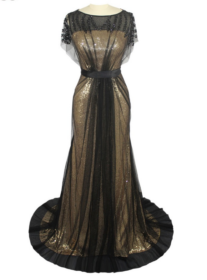 Luxury Black Tulle Beaded Gold Sequins Evening Dresses Vestido De Festa Long Mermaid Cap Sleeves Prom Gown