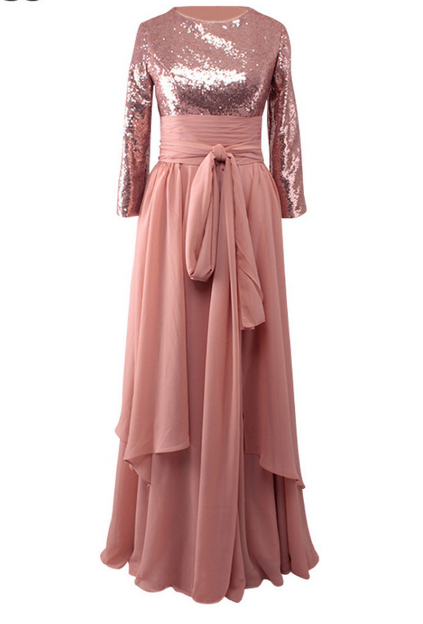 Long A-line Chiffon Sequins Pleats Evening Dresses Vestido De Festa Scoop Long Sleeves Prom Party Gown