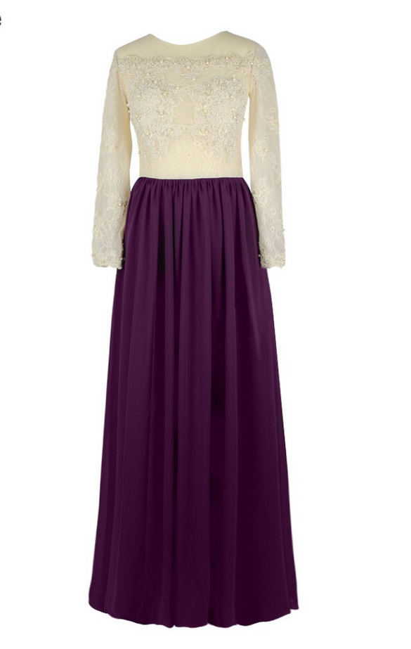 Luxury Purple Chiffon Appliques Beaded Evening Dresses Vestido De Festa Long Sleeves A-line Prom Gown