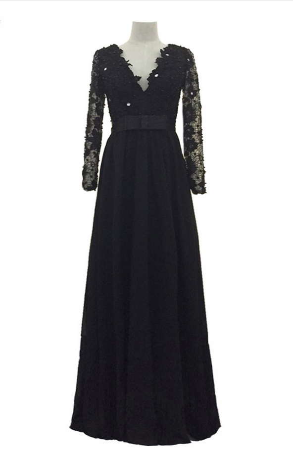 Luxury Black Chiffon Lace Appliques Pearls Evening Dresses Vestido De Festa A-line Backless Lady Prom Gown