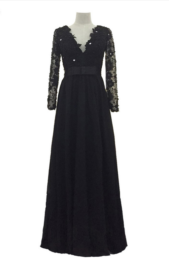 Classy Black Chiffon Beaded Appliques Long Party Gown Formal Evening Dress