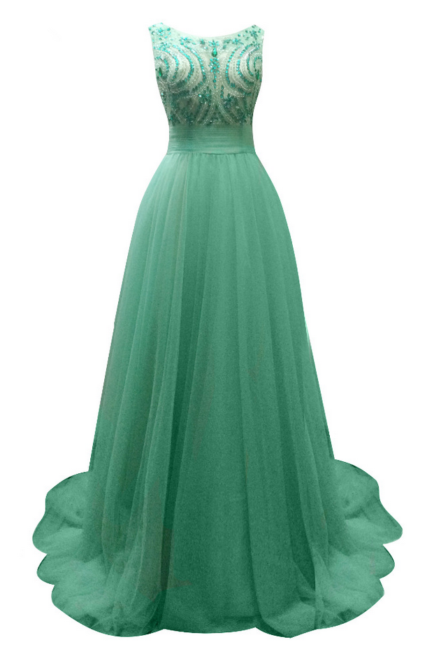 Long A-line Green Tulle Beaded Evening Dresses Sexy Elegant V-back Vestido De Festa Prom Party Gowns