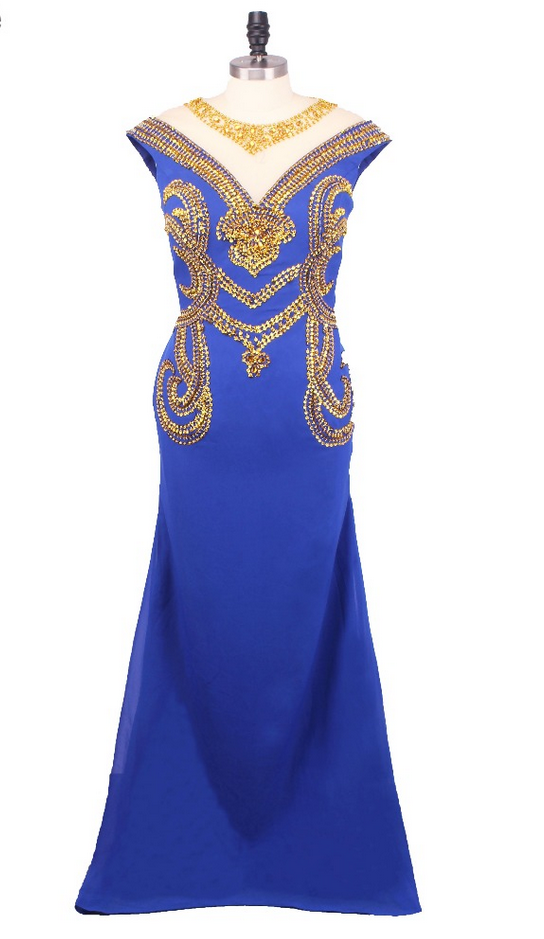 Luxury Royal Chiffon Blue Bead Long Mermaid Evening Dresses Cap Sleeves ...