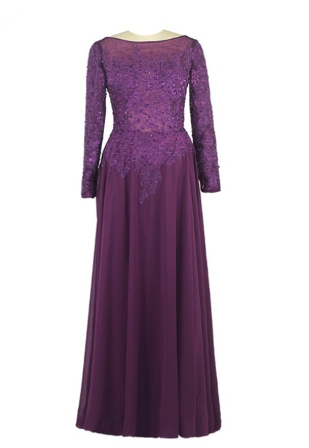Luxury Purple Chiffon Appliques Beaded Evening Dresses Long Sleeves Backless Prom Gown