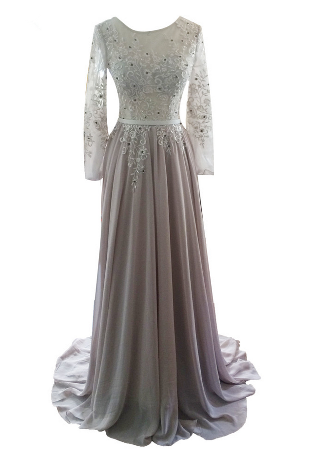 Long A-line Gray Chiffon Appliques Beaded Evening Dresses Long Sleeves Prom Party Gown