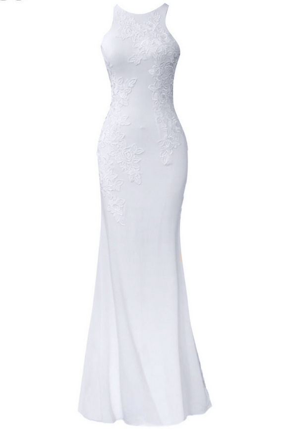 Long Mermaid White Spandex Appliques Evening Dresses Prom Party Gown