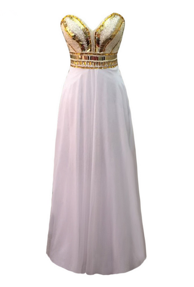 Luxury Long A-line White Chiffon Evening Dresses Beads Top V-neck Strapless Prom Party Gown