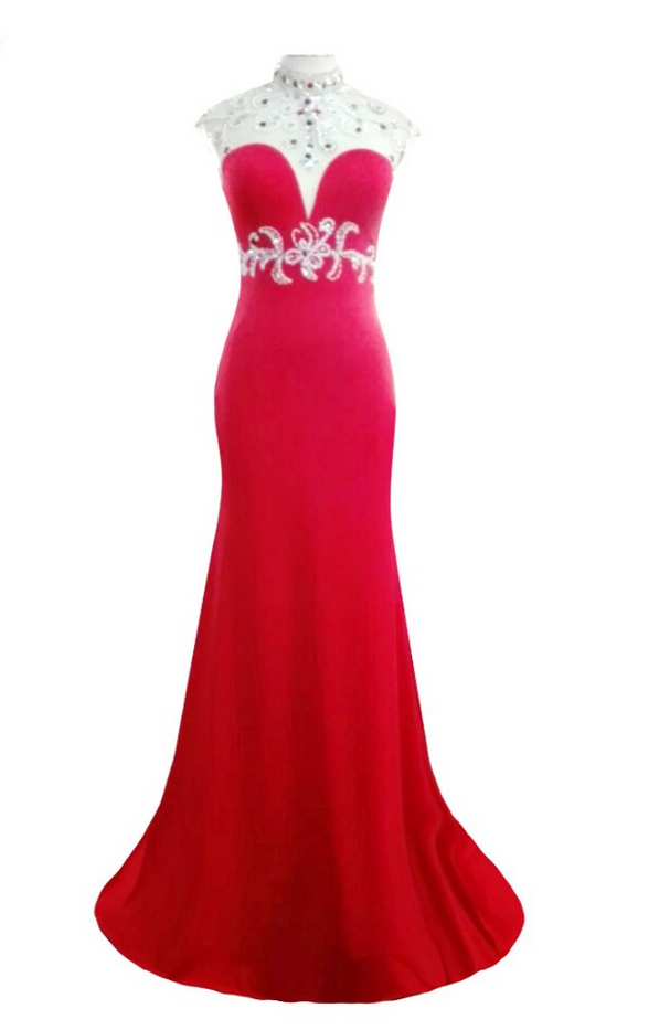 Luxury Red Spandex Beaded Mermaid Evening Dress Charming Vestido De Festa High Neck Backless Long Prom Gown