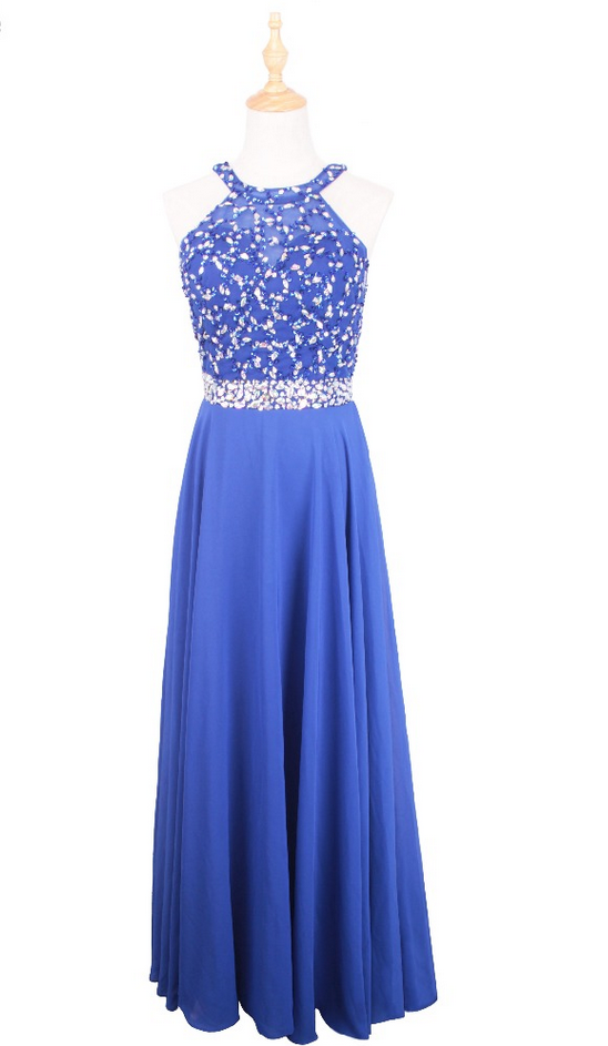 Charming Long A-line Red Blue Chiffon Beaded Top Evening Dresses Sexy Back Cross Prom Party Gown