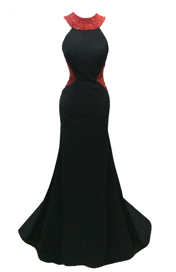 Retro Black Halter Mermaid Satin Beaded Backless Without Sleeves Long Prom Dress, Evening Dress
