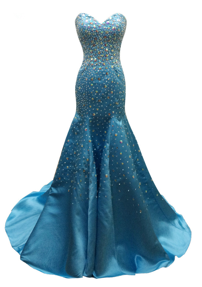 Long Mermaid Blue Satin Beaded Evening Dresses Charming Vestido De Festa Luxury Court Train Prom Party Gowns