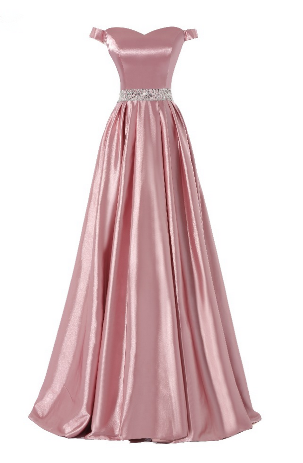 Long A-line Flesh Pink Stretch Satin Beaded Waist Evening Dresses Sexy Real Made Prom Party Gown