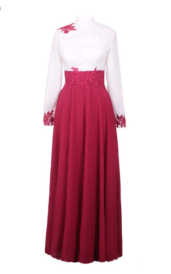 Arabic Prom Dress Burgundy Chiffon Appliques Muslim Evening Dresses Sexy  Long Sleeve Lady Prom Gown