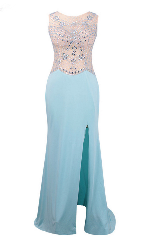 Long Mermaid Light Blue Spandex Evening Dresses Champagne Tulle Top Beaded Prom Party Gown