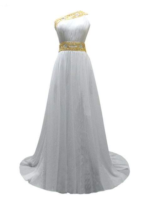 Luxury White Chiffon Pleats Gold Beaded Evening Dresses Vestido De Festa Long One Strap A-line Prom Gown