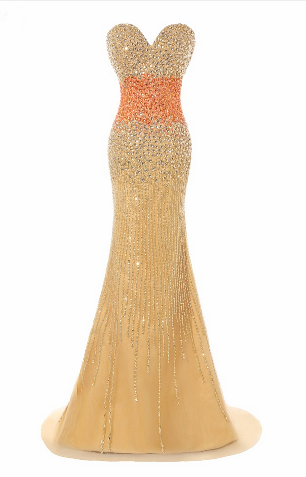 Luxury Long Mermaid Evening Dresses Sexy Gold Tulle Beaded Strapless Prom Party Gown