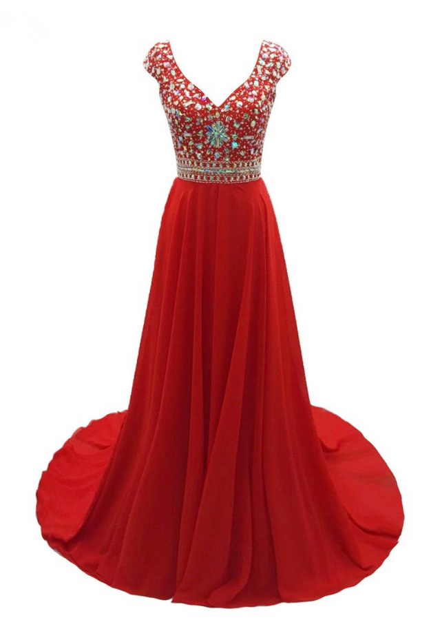 Long A-line Red Chiffon Beaded Evening Dresses Sweetheart Short Sleeves Charming Prom Party Gowns