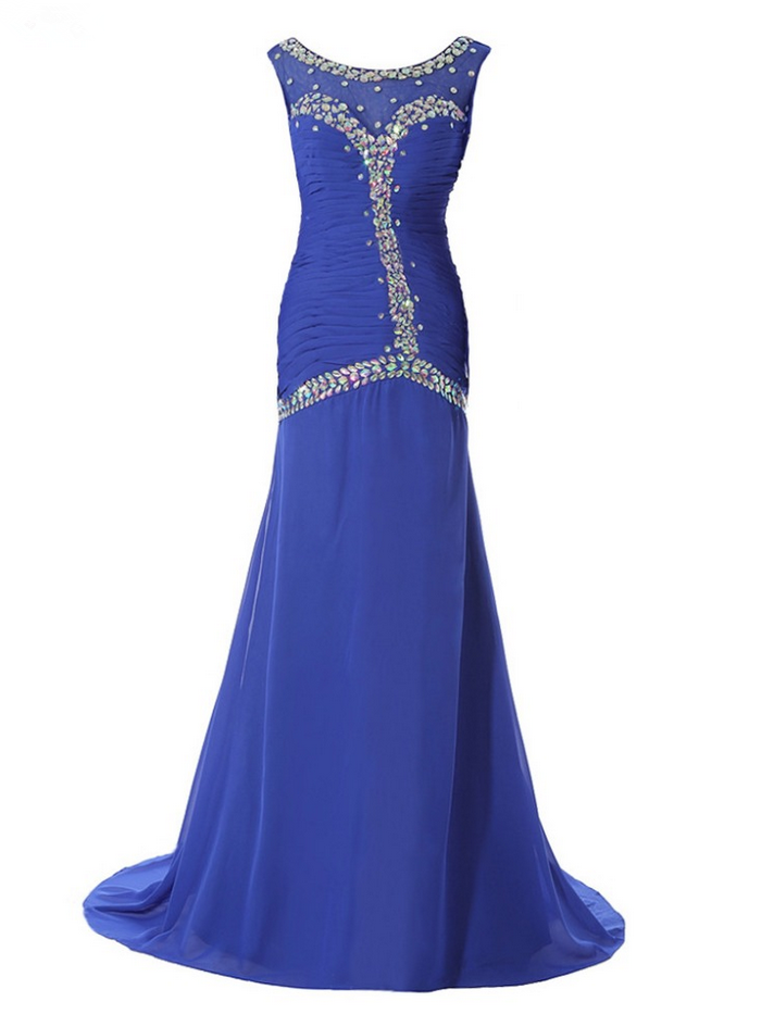 Luxury Long Mermaid Royal Blue Chiffon Beaded Evening Dresses Cap Sleeves Prom Party Gown
