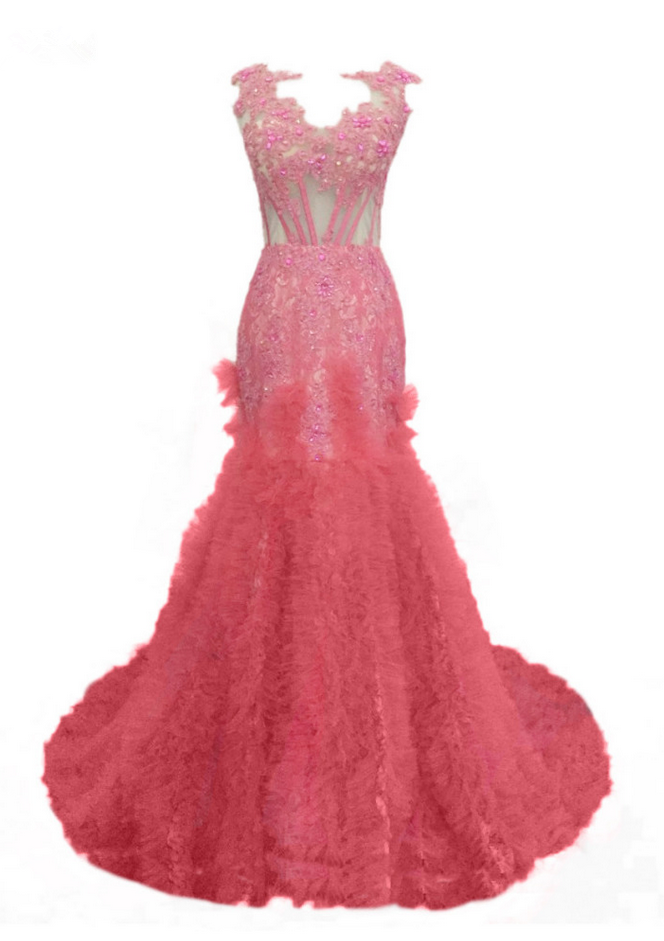 Long Pink Tulle Appliques Beaded Prom Dresses Elegant Mermaid Luxury Backless Party Gown