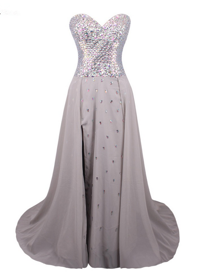 Gray Chiffon Crystals Beaded Prom Dress Luxury A-line Split Front Party Evening Gown