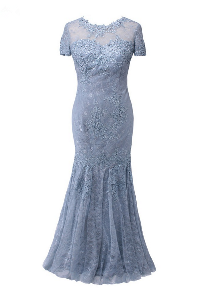 Silver Gray Lace Appliques Prom Dress Luxury Mermaid Short Sleeves Party Evening Gown