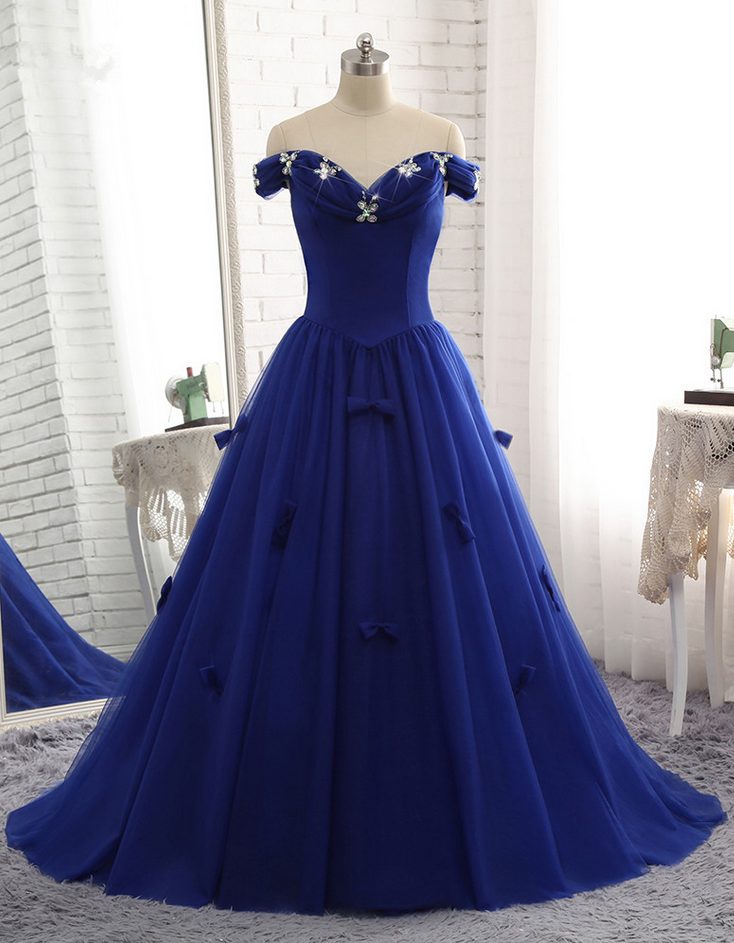 Royal Blue Prom Dress Luxury Tulle Beaded Bow Gown Prom Party Gown