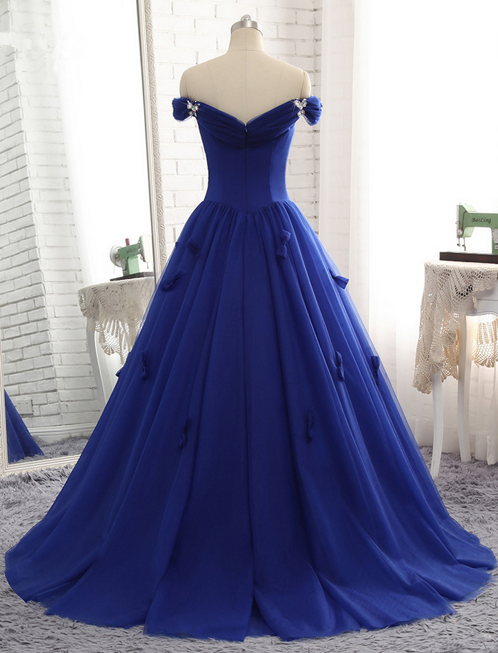 Royal Blue Prom Dress Luxury Tulle Beaded Bow Gown Prom Party Gown on
