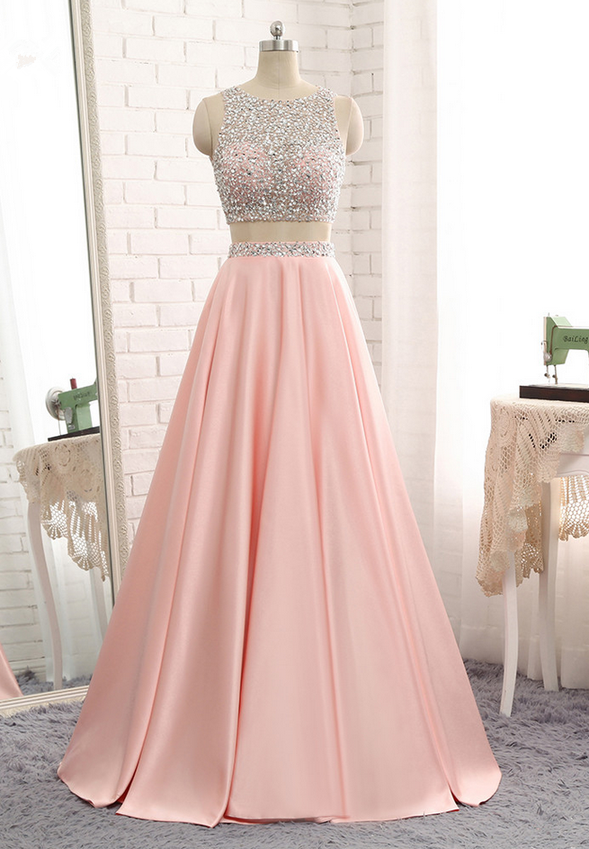 Pink Prom Dress Luxury A-line Satin Beaded Two Piece Sexy Back Hole Prom Party Gown