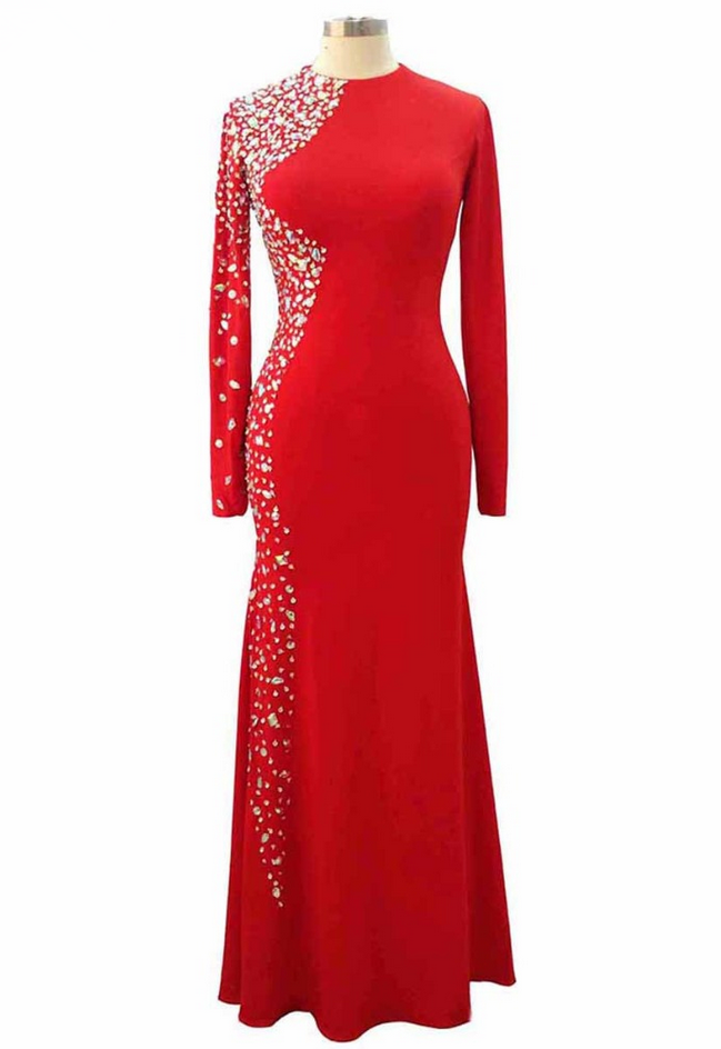 Red Spandex Beaded Prom Dresses Elegant Luxury Long Sleeves Mermaid Prom Party Gown