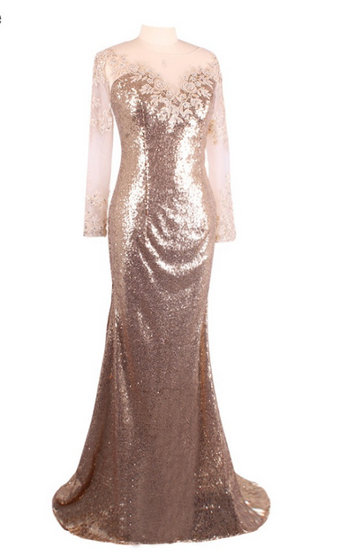 Gold Sequins Appliques Beaded Prom Dress Luxury Mermaid Long Sleeves Prom Party Gown