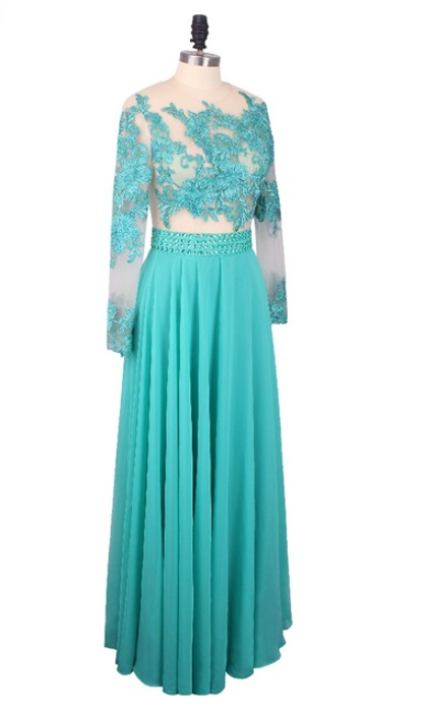 Blue Chiffon Appliques Beaded Prom Dresses Elegant Luxury Long Sleeves Prom Party Gown
