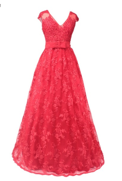 Red Lace Appliques A-line Prom Dresses Luxury Cap Sleeves Evening Party Gown