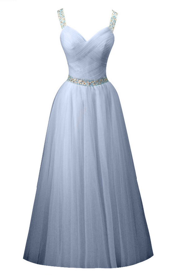 Long Light Blue Tulle Pleats Beaded Prom Dresses A-line Cross Back Party Gown