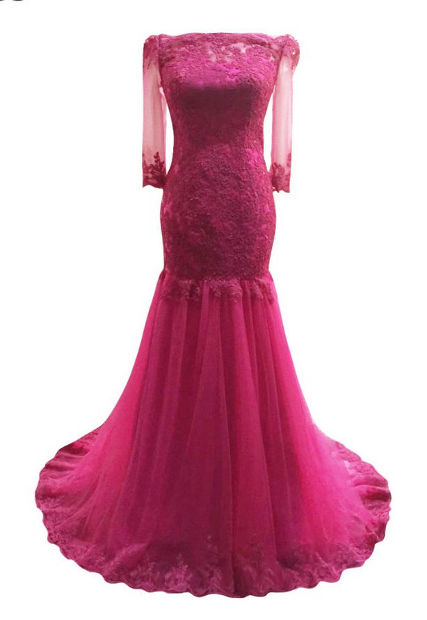 Rose Red Tulle Appliques Long Prom Dress Luxury Long Sleeves Evening Party Gown