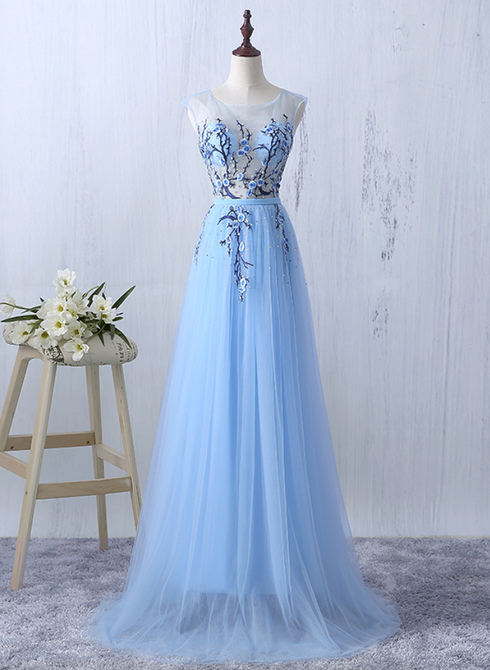 Sky Blue Flowers Crystal Evening Dresses Fashion Tulle Party Dress Robe De Soiree