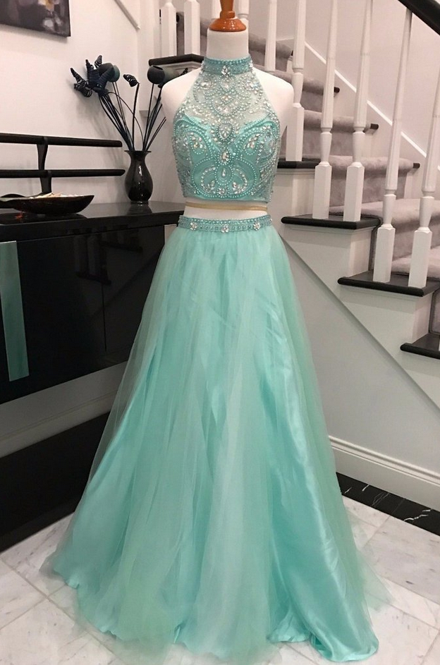 Elegant 2 Pieces Sky Blue Backless Prom Dress,halter Prom Dresses With Beading