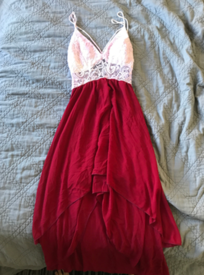 White Lace Top Straps Prom Dress With Wine Red Chiffon High Low Skirt, High Low Party Dresses, Homecoming Dresses