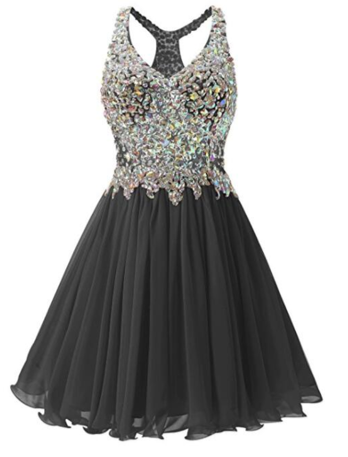 Black Chiffon Halter Knee Length Sparkle Beaded Homecoming Dresses, Black Short Prom Dresses, Little Black Dresses