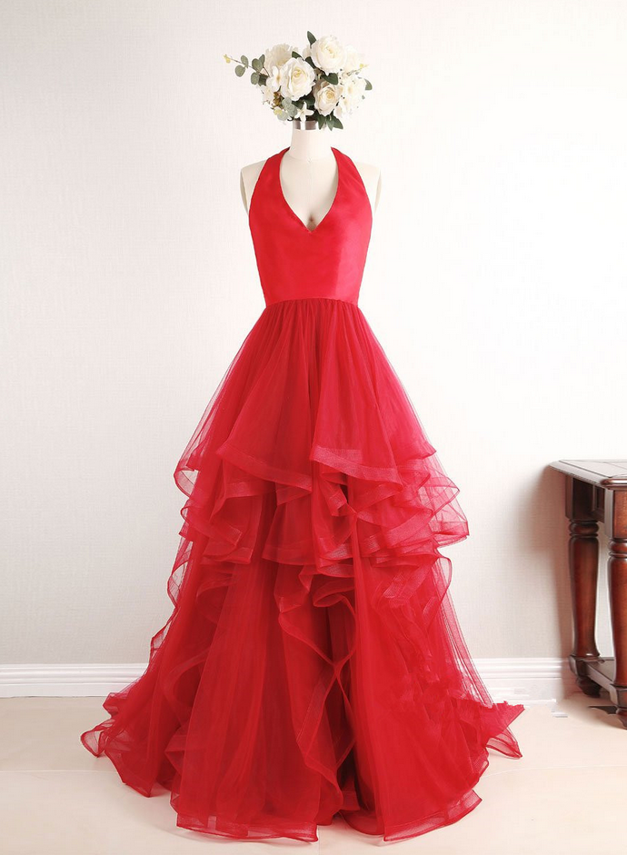 Red Tulle Sweetheart High Low Pretty Prom Dresses Red Gowns, Evening