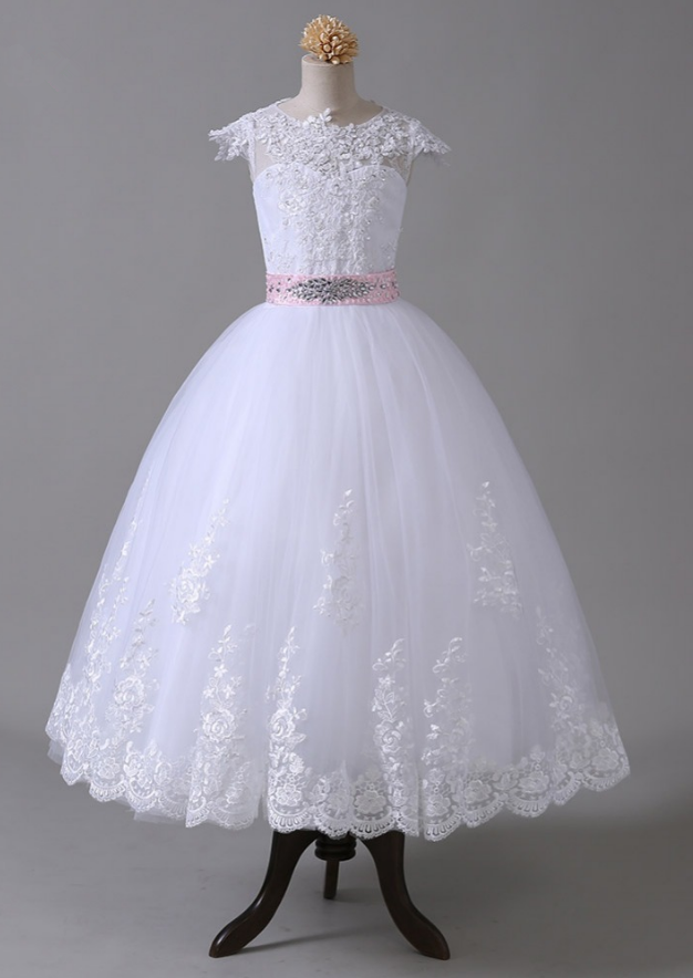 Flower Girl Dresses ,for Weddings Ball Gown ,cap Sleeves Tulle Appliques Lace Crystals First Communion Dresses