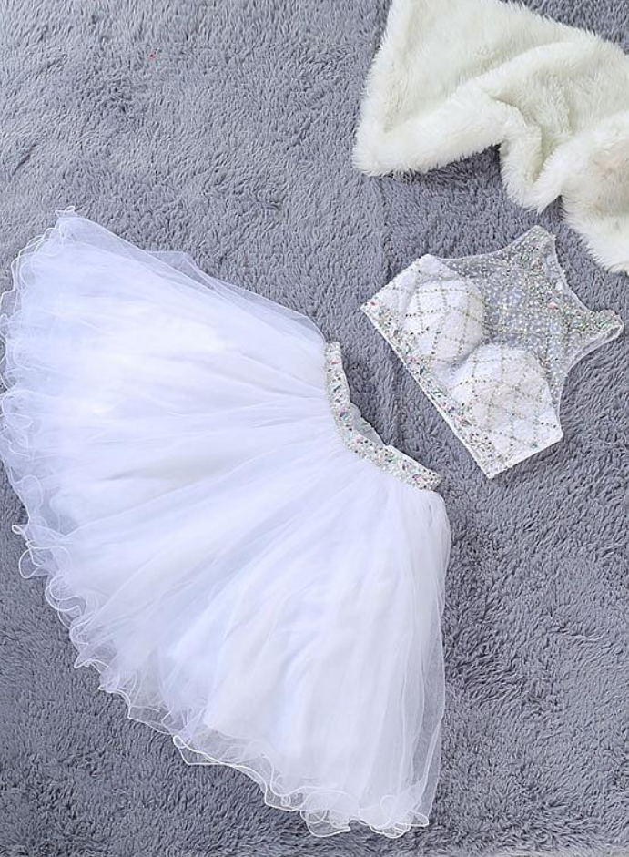 Slovely White Two Piece Beaded Tulle Prom Dresses, Short Prom Dresses, Homecoming Dresses