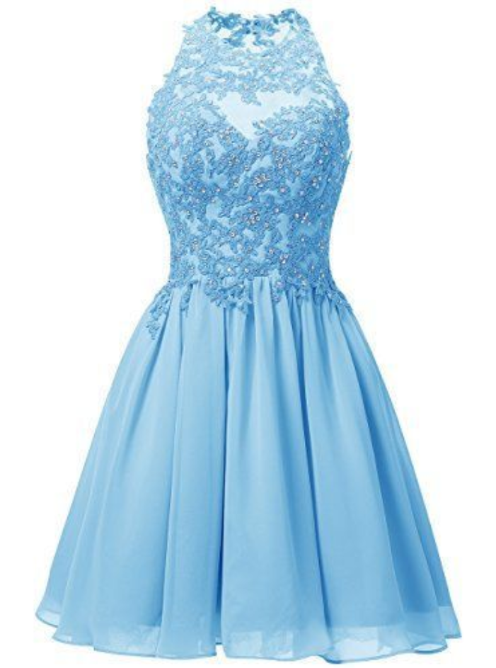 Cute Blue Short Homecoming Dresses, Chiffon Halter Party Dresses With Lace Applique, Sweet 16 Dresses