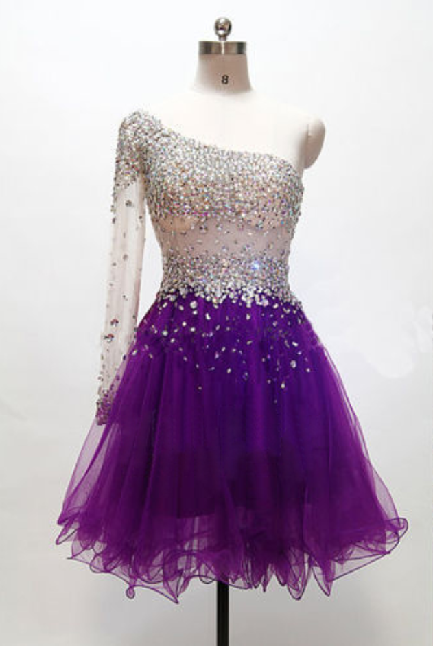 Beaded Embellished One-shoulder Long Sleeve Purple Short Tulle Homecoming Dress, Formal Dress