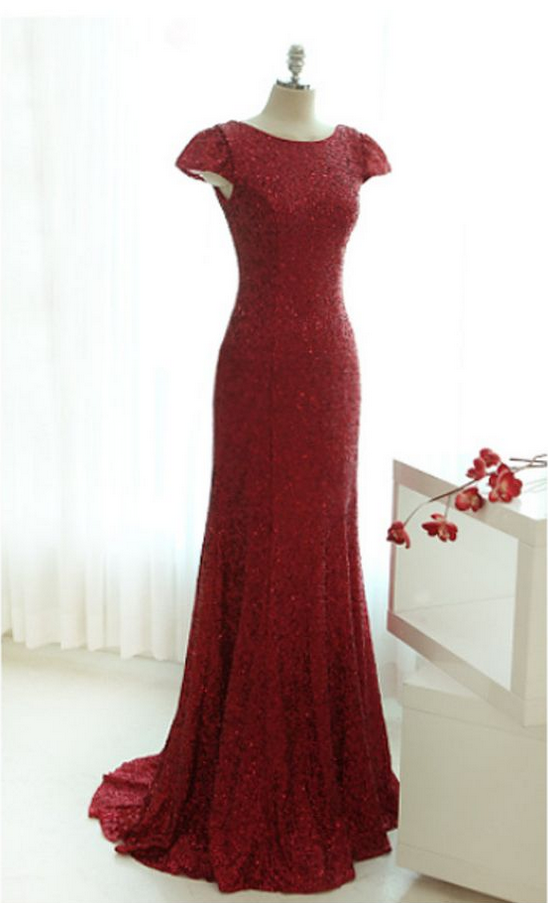Dark Red Cap Sleeved Mermaid Sequined Floor-length Evening Dress, Formal Dress, Party Dress