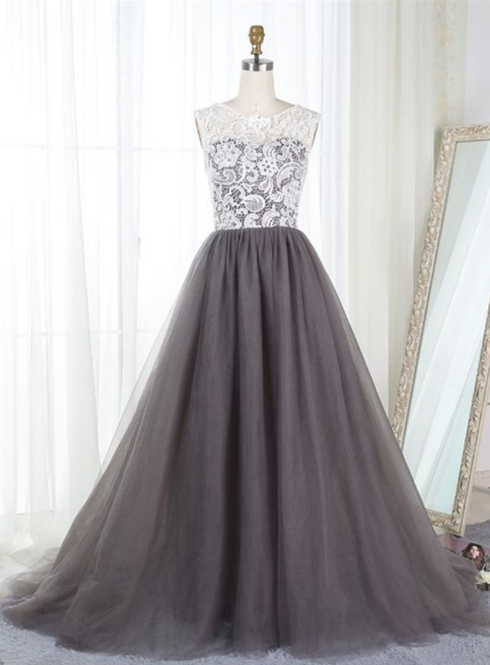 Grey Tulle And Lace Junior Prom Dresses, Ball Gowns, Elegant Evening Gowns