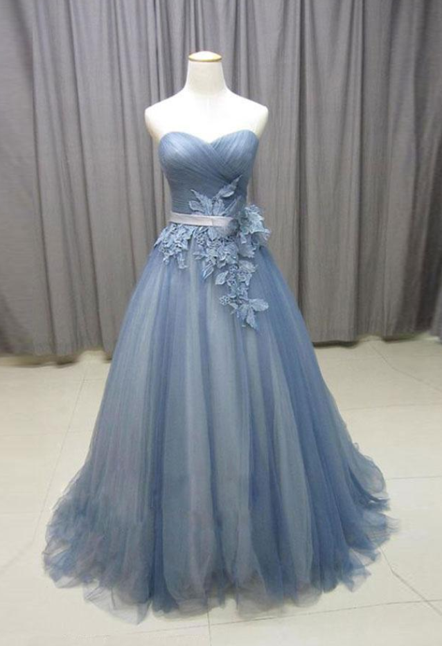 Gorgeous A-line Sweetheart Gray Blue Tulle Lace Long Prom Dress With Appliques, Vintage Style Formal Dresses, Prom Dresses