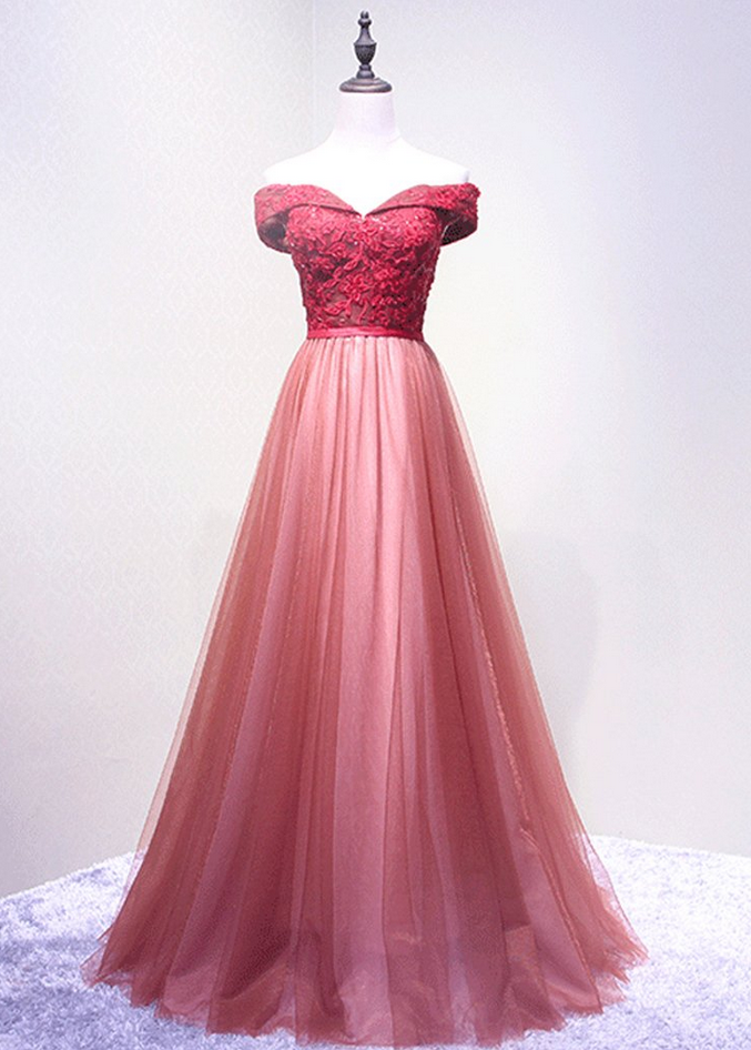 Off Shoulder Cute Style Pink Party Dresses, Pink Party Dresses, Tulle Prom Dresses
