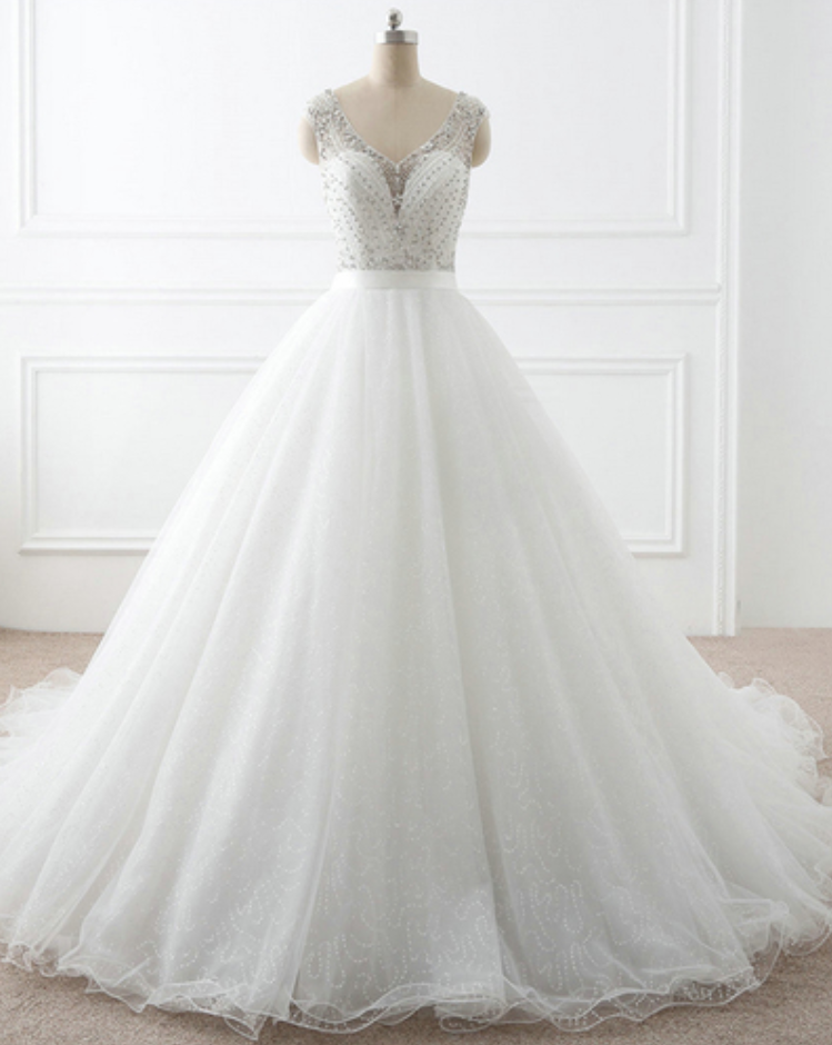 White Tulle V Neck Beaded Long Halter Spring Wedding Dress, Formal Customize Long Evening Dress
