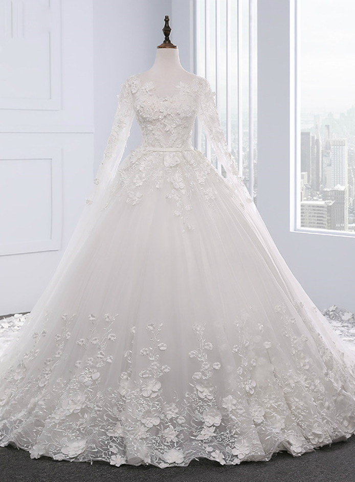 Coop White Wedding Dress With Beading Chapel Train Ball Gown Wedding Dresses